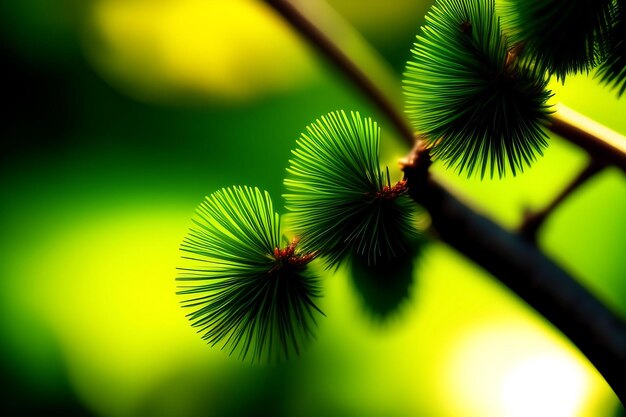 Natural green background of a pine tree branch close up