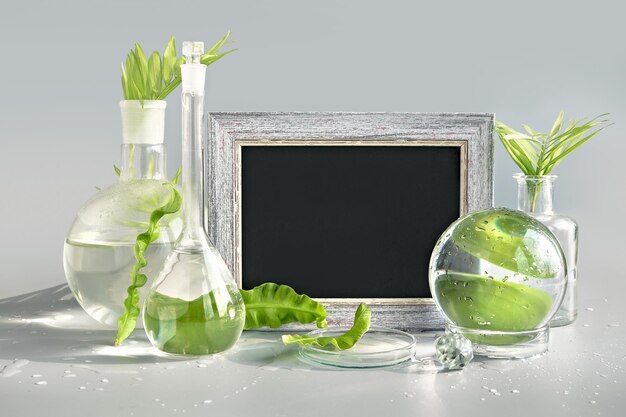 Natural Green laboratory Text space copyspace blackboard chalk board Exotic green leaves in transparent glass flasks vials Petri dishes Reflections floral elements distorted in water