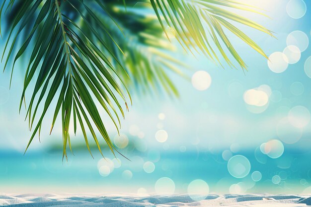 Photo natural green palm leaves on tropical beach background light waves sun bokeh copy space for texts