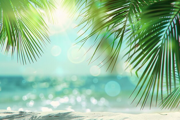 Photo natural green palm leaves on tropical beach background light waves sun bokeh copy space for texts