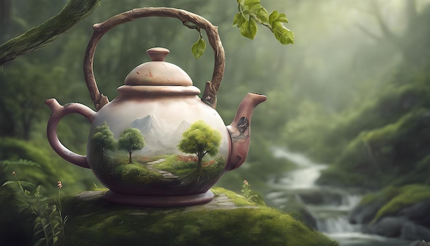 Photo natural green tea pot forest