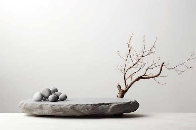 Natural grey stone podium on white background with product display and vase of dry branches Front vi