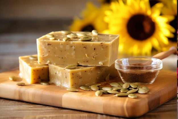 Natural handmade halva with sunflower seeds on a wooden background