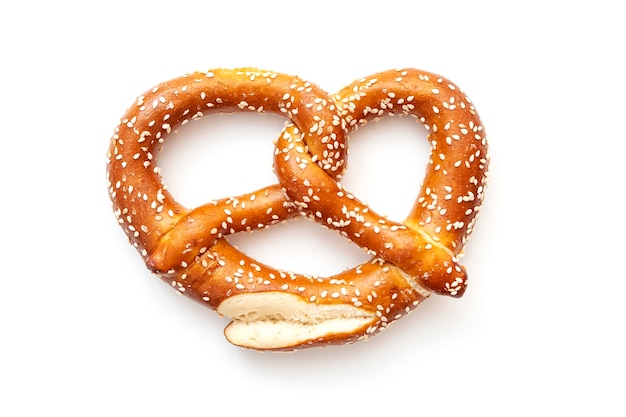 Natural handmade pretzel isolated on white Traditional Bavarian pretzel for Oktoberfest