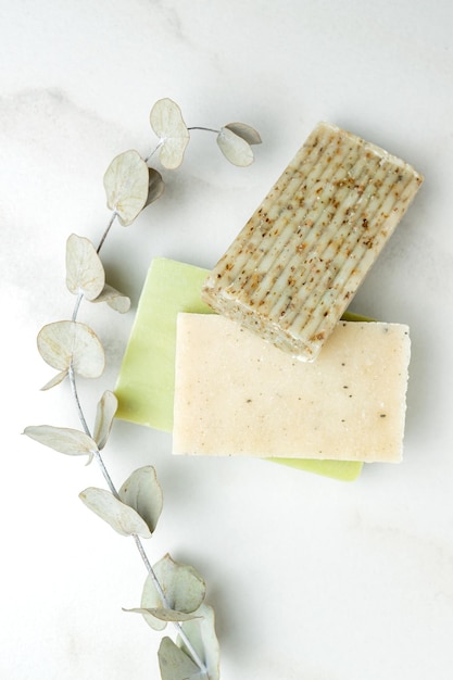 Natural handmade soap in assortment with eucalyptus branch Skin care concept Natural eco ingredients