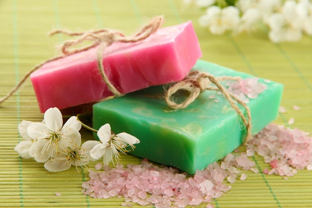 Natural handmade soap on bamboo mat