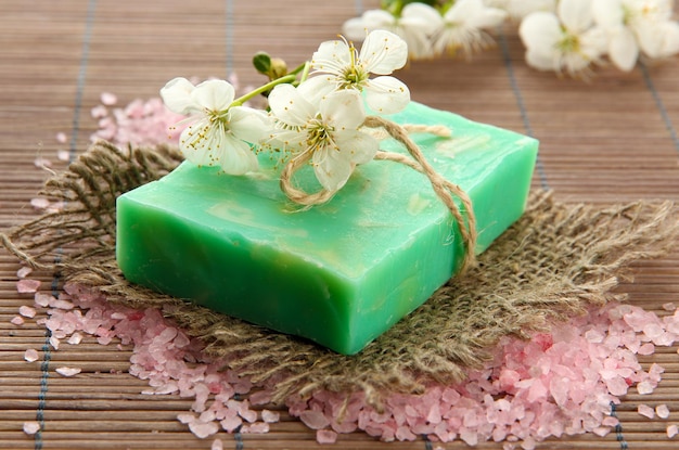 natural handmade soap on bamboo mat