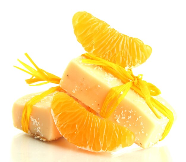 Natural handmade soap and orange isolated on white