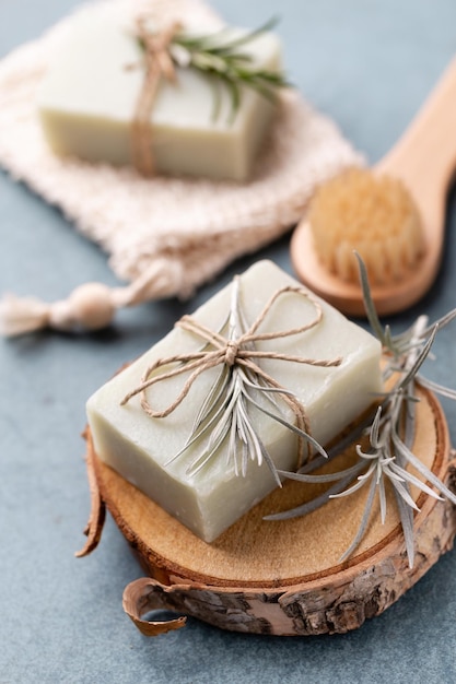 Photo natural handmade soap. organic soap bars with plants extracts.