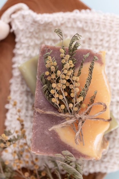 Natural handmade soap. organic soap bars with plants extracts.