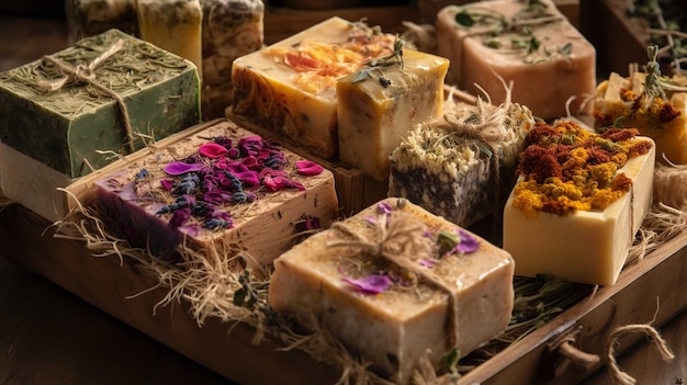 Natural Handmade Soaps With Dried Flowers On Burlap