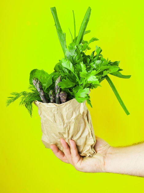 자연의 건강한 녹색 허브와 시금치 잎. 종이 cfart 가방에 음식입니다.