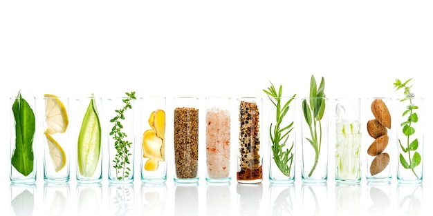 Natural herbal skin care ingredients and facial treatment preparation background.