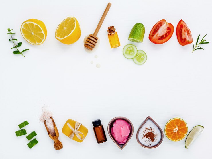Natural herbal skin care ingredients and facial treatment preparation background.