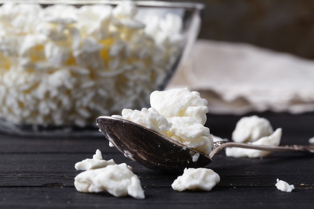 Natural homemade cottage cheese on dark table