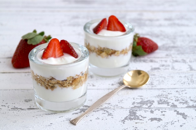 Natural homemade yogurt on a light background.