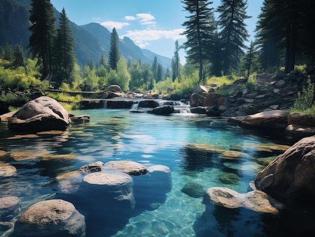 Natural hot springs in forest mountains