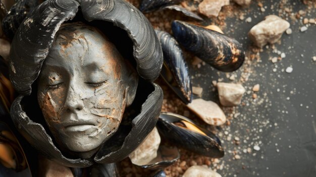 Natural interpretation with earth figure inside mussels from the sea