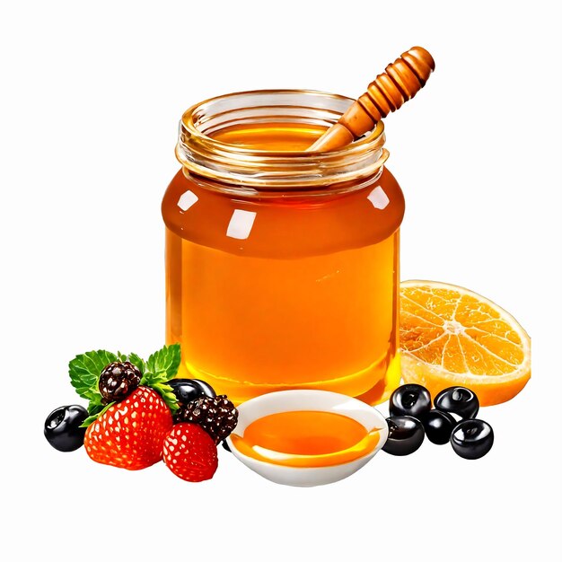 Photo natural jar of liquid honey products with fruits and wooden spoon on white background ai generative