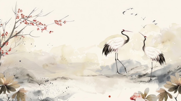 Natural landscape background with watercolor texture moderned crane birds Vintage branch decoration with leaves and flowers