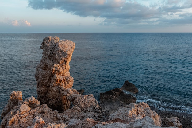 Natural landscape of beautiful rock on the beach of Mediterranean sea in Cyprus near Aphrodite coast