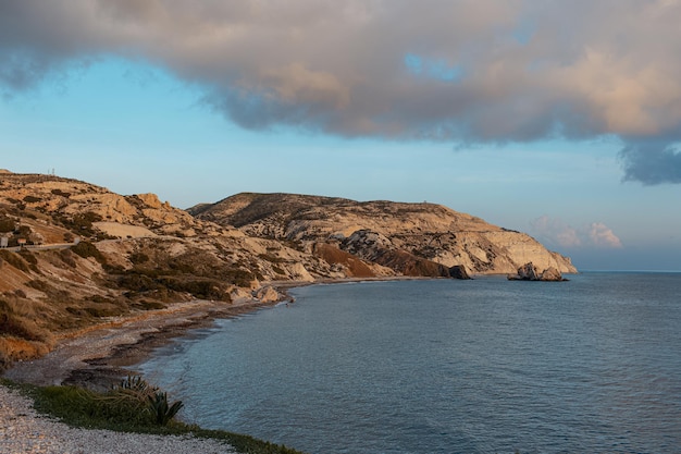 Natural landscape of Cyprus hills near Aphrodite rock on the coast of Mediterranean sea