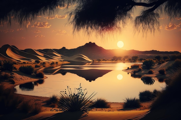 Natural landscape of dunes and desert sunset with calm water in lake in the desert