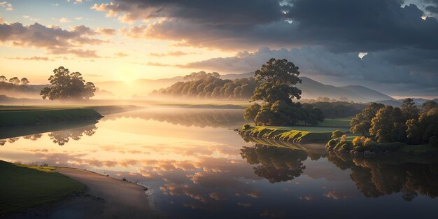 夏の日に川の上の霧の朝の自然風景