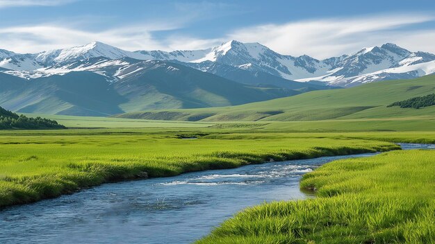 Photo the natural landscape of green grassland and distant snowcapped mountains under the blue sky