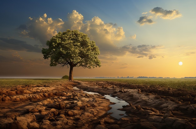 Natural landscape lonely tree in the field