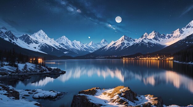 Natural landscape at night and the moon
