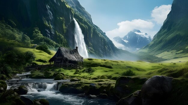 Photo a natural landscape scenery with huge grassy mountains lands and hut with waterfall