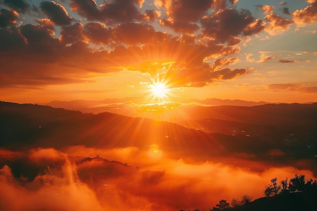 自然の風景と天際線で昇る太陽