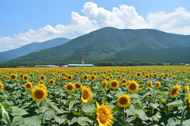 晴れた日のひまわり畑の自然風景