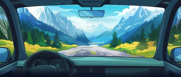 Natural landscape via automobile with navigation panel viewed from inside the window of a car as it crosses a meadow to high rocky mountains