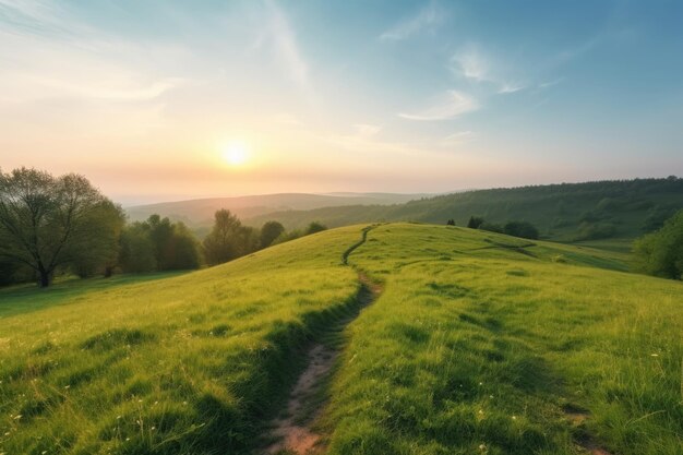 Photo natural landscape with green grass field spring summer landscape