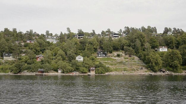 Photo natural landscape with rippling river and houses by the coast action countryside region view from