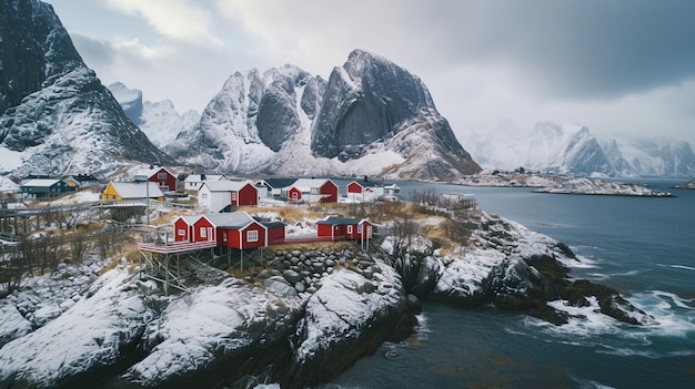 Natural landscape with rippling river and houses by the coast Generative Ai