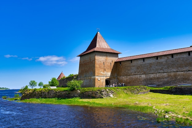 Natural landscape with a view of the old fortress by the lake. Sunny spring day