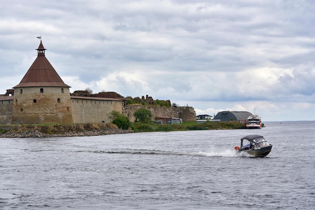 Natural landscape with a view of the old fortress by the lake