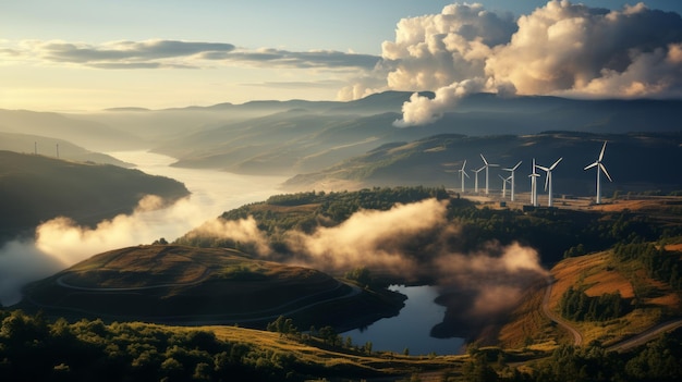 Фото Природный ландшафт с ветровыми винтами на заднем плане, которые генерируют чистую энергию