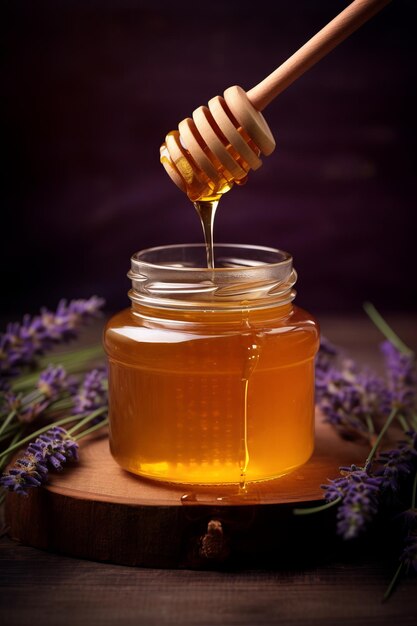 Natural lavender golden honey in a jar on wood background the hand holds a stick which drains the