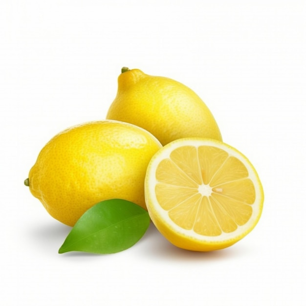 Natural lemon fruit with sliced and green leaves isolate into the white background Lemon fruit