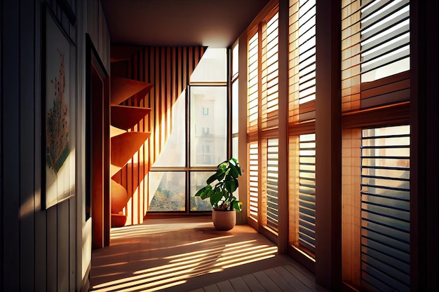 Natural light filtering through window louver illuminating interior space