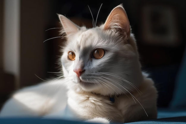 In natural light a lovely white cat with blue eyes