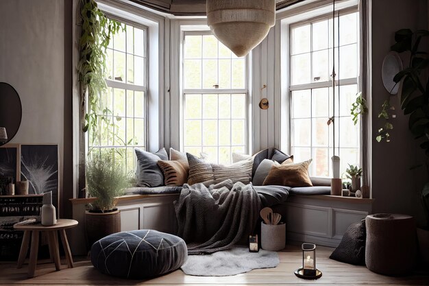 Natural light streaming through the windows of scandiboho living room with cozy seating