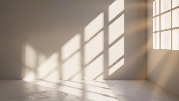 Natural light window blurred shadow overlay on minimal room wall paper texture and floor background