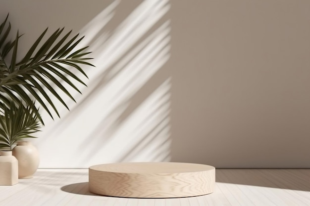 Natural Log Wood Podium Cutting Board with Palm Leaf Shadow Perfect for Modern Luxury Product Display Background of Beauty Organic Nature and Fashion Items Ai Generated