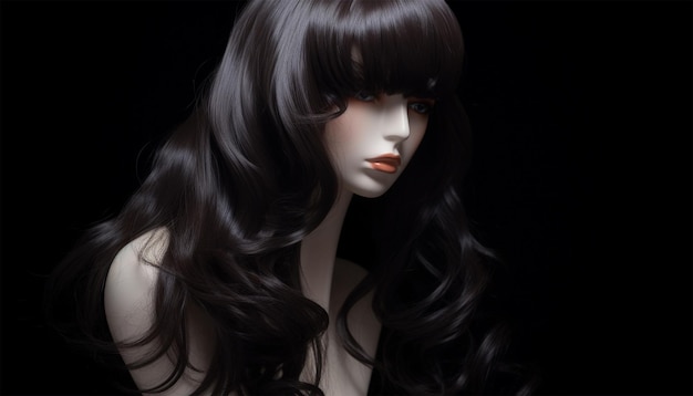 Natural looking black wig on white mannequin head isolated on black background Long wavy hair