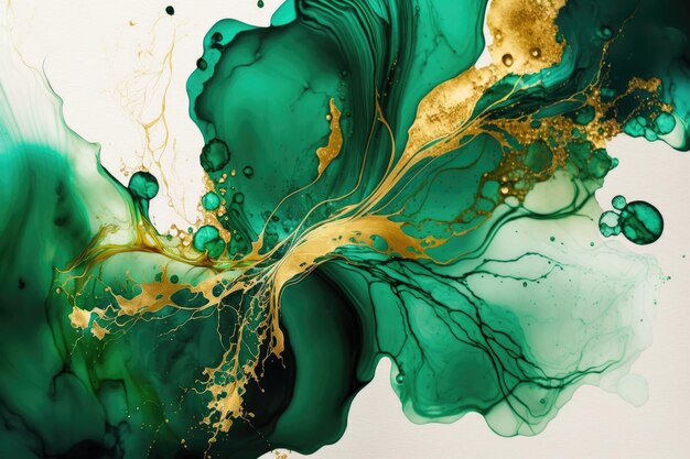 Photo natural luxury abstract fluid art painting in alcohol ink technique green and gold